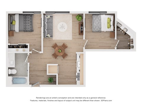 Floor plan for 2 beds, 1 bath, 681 sqft